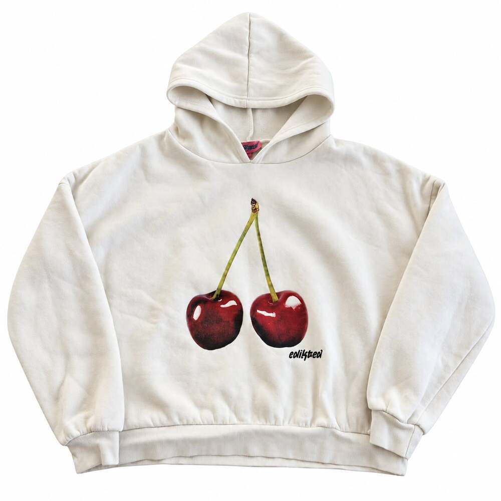 Edikted Cherry Graphic Hoodie Womens S Cream Oversized Pullover Sweatshirt